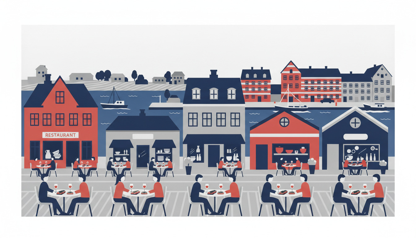 Farverig havnefront i Sønderborg med restauranter og caféer, historiske bygninger, udeservering og forskellige gæster nyder internationale retter og smørrebrød.