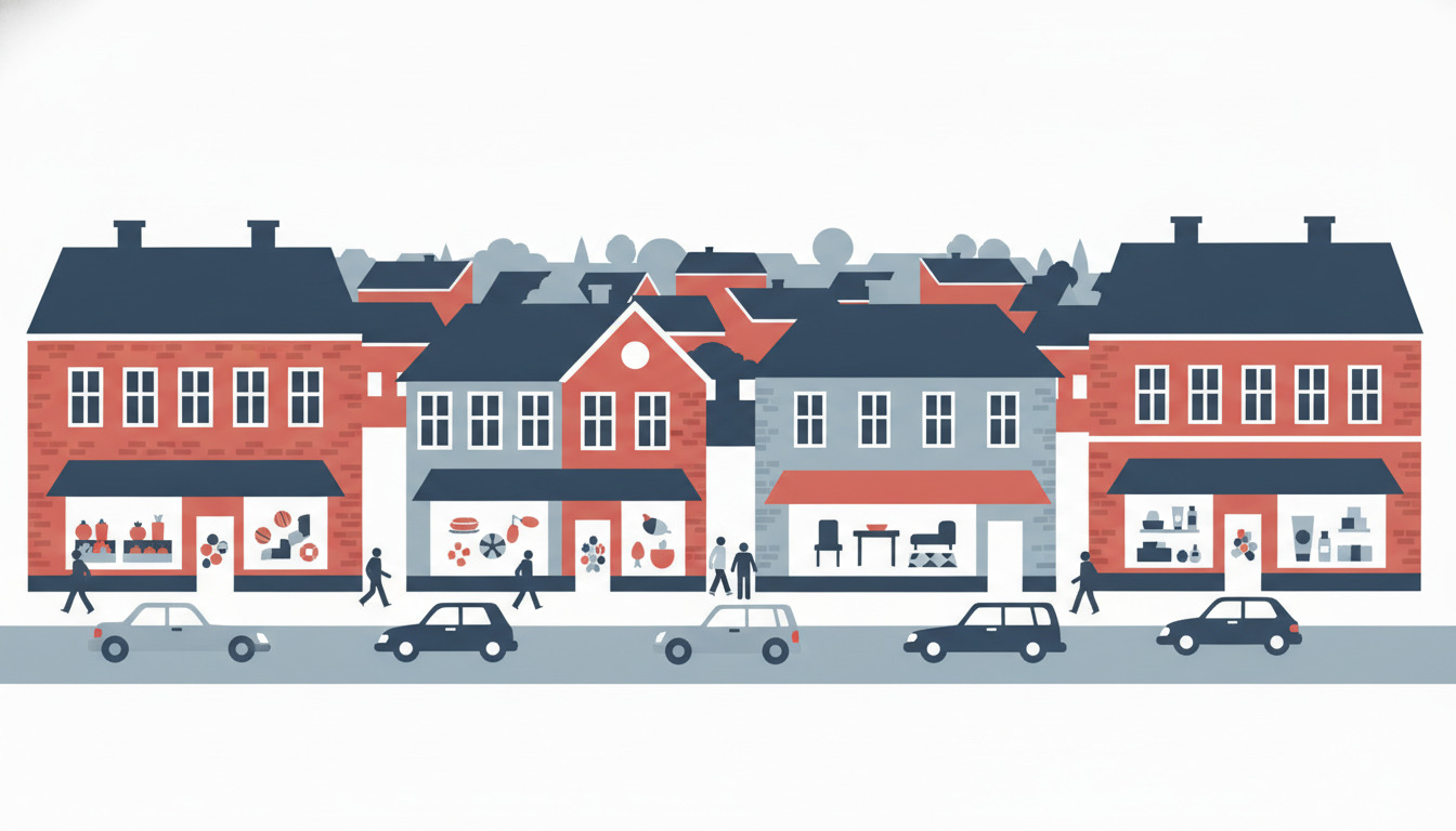 Flad vektorillustration af en kompakt dansk indkøbsgade med røde mursten og gråt facade, butiksfronter med dagligvarer, sportudstyr, møbler og apoteksvarer, parkerede biler langs gaden og boligtagene i baggrunden.