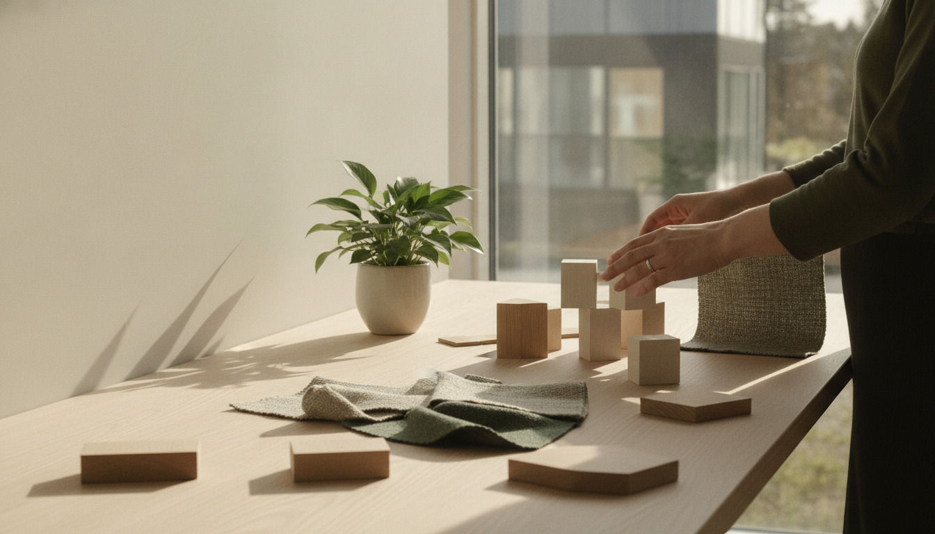 Minimalistisk nordisk arbejdsplads ved vindue med pottet plante, træprøver, stofmateriale og hænder ved arrangement.