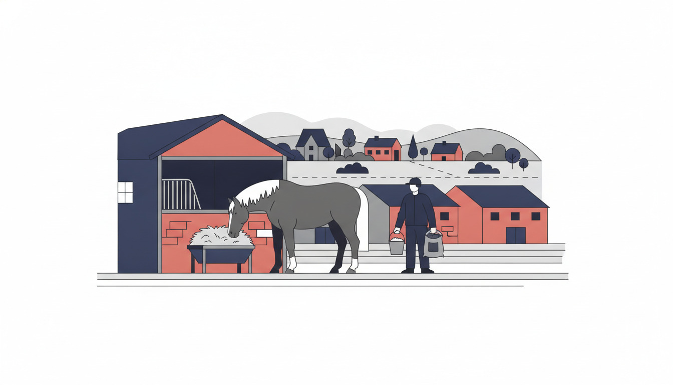 Flad illustration af staldscene med hest der spiser høj fra kribbe, staldmand med vandspand og foder i nærheden, små bygninger i baggrund.