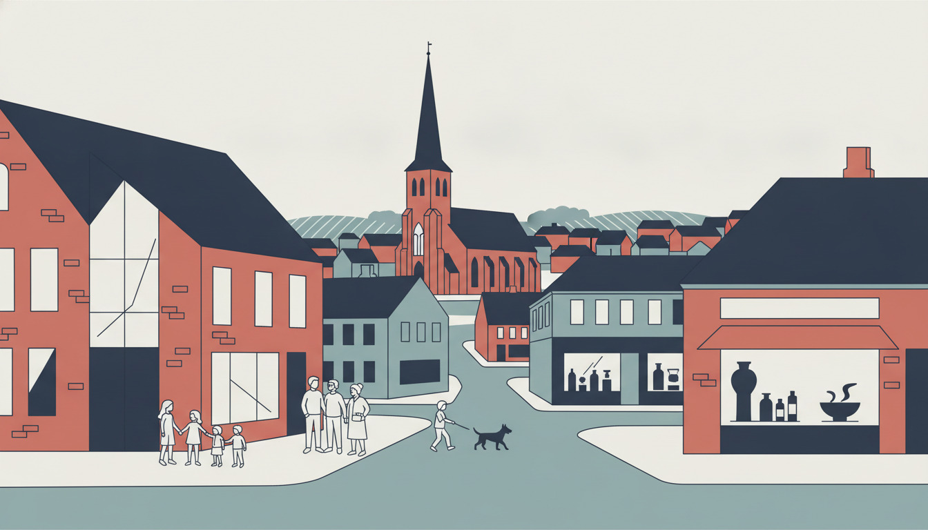 Ebeltoft byplads med en gotisk kirke med spids tårn, murbygninger herunder et modernt bibliotek og apotek-facade, og figurer i forskellige aldre samlet på det samfundsmæssige mødested.