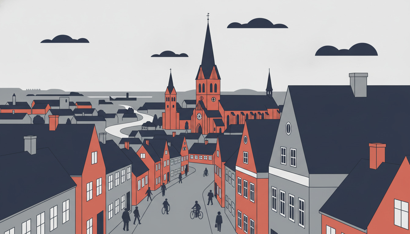 Flad vektorillustration af Næstved med Sankt Peders Kirkes karakteristiske orange-mursten tårn og spir, der dominerer bysiluetten over røde mursten-byhuse langs en middelalderlig gade, med Susåen-floden, der slynger sig gennem landskabet.