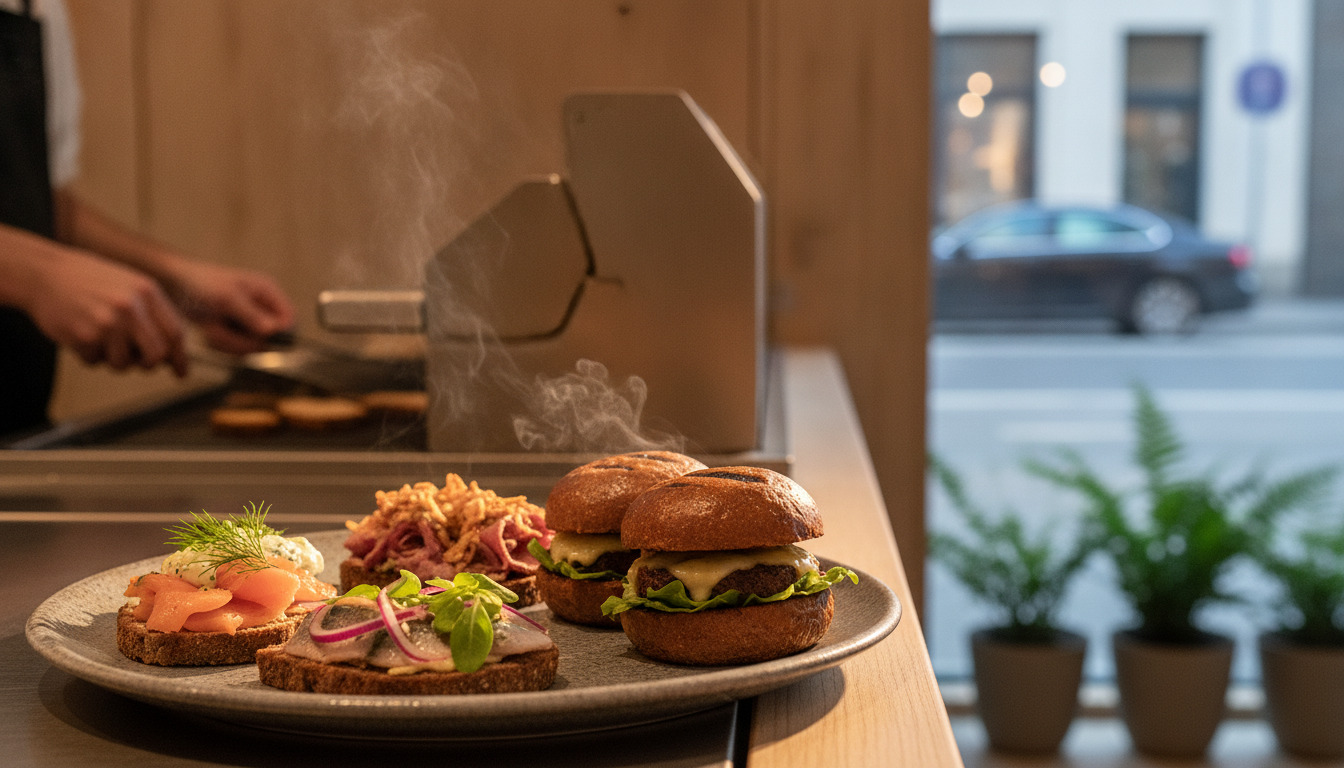 Tætbillede af grillet dansk smørrebrød og burger på tallerken med dampende køkkenelementer og sløret baggrund.