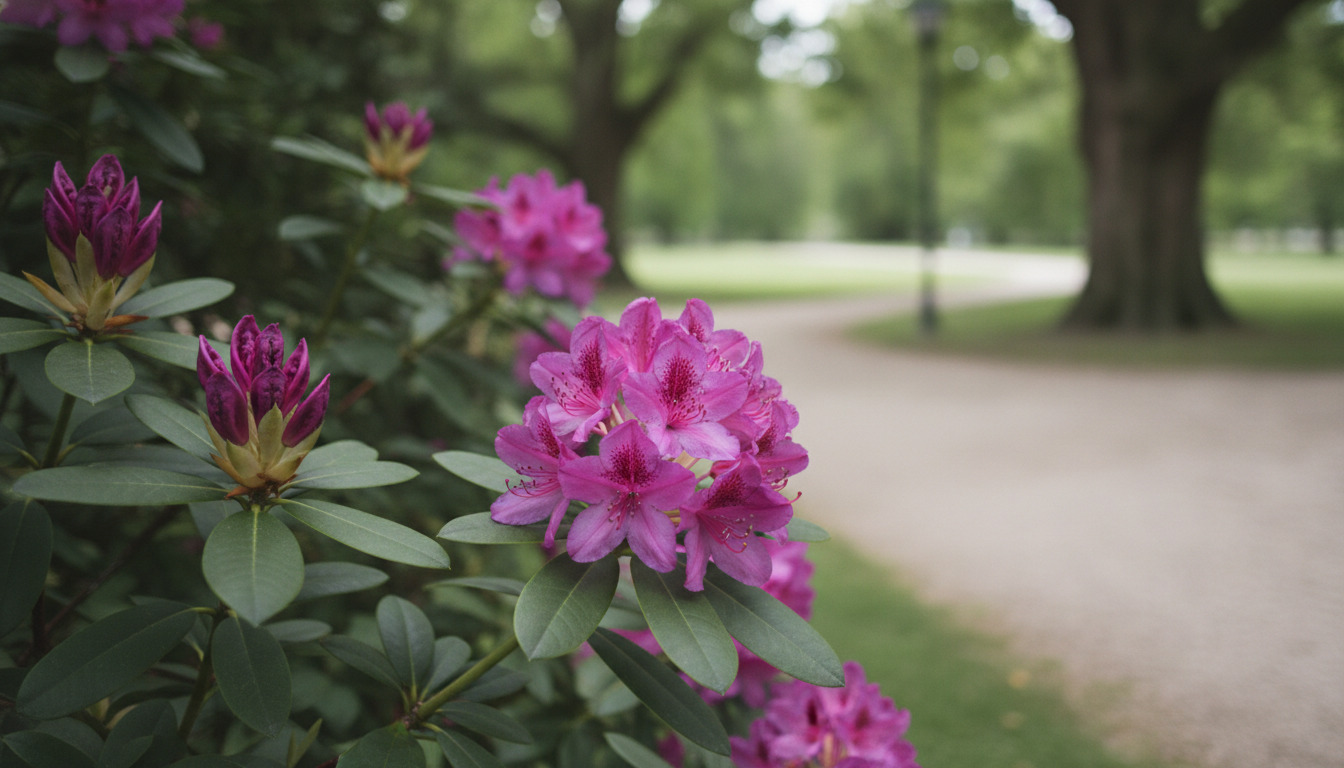 Tæt op på blomstrende rhododendronblomster med dybe pink og lilla blade i naturligt lys.