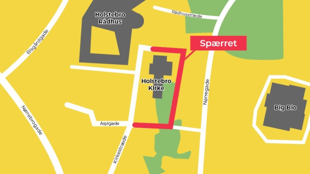 Spærring af Kirkepladsen og Kirkestræde den 21. juni 2024