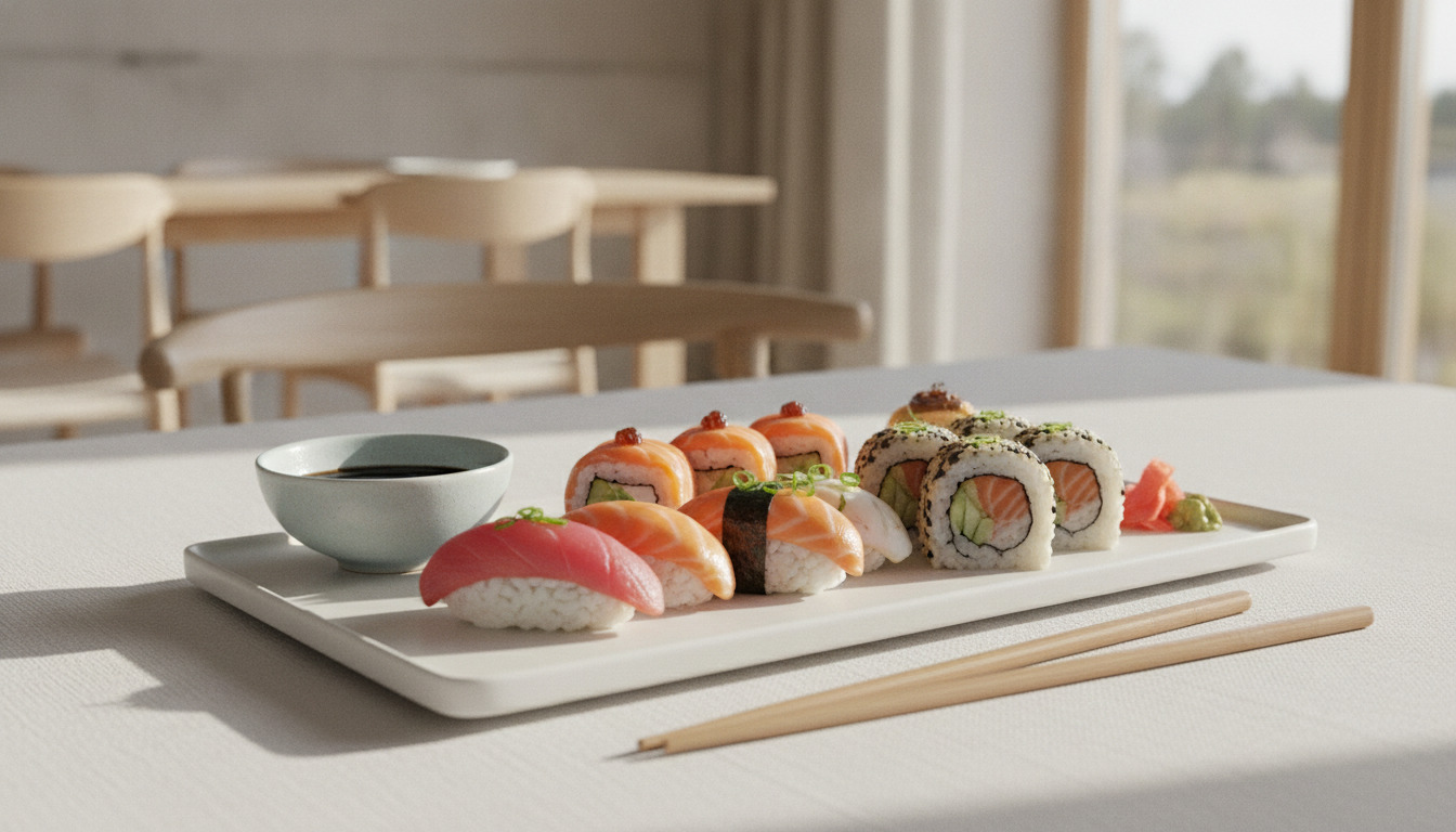 Nærbillede af sushi på hvid keramisk tallerken med spisepinde og soyasovs.