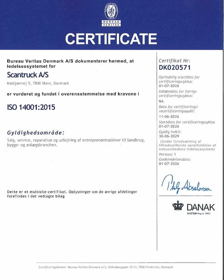 SCANTRUCK A/S er nu ISO 14001-certificeret