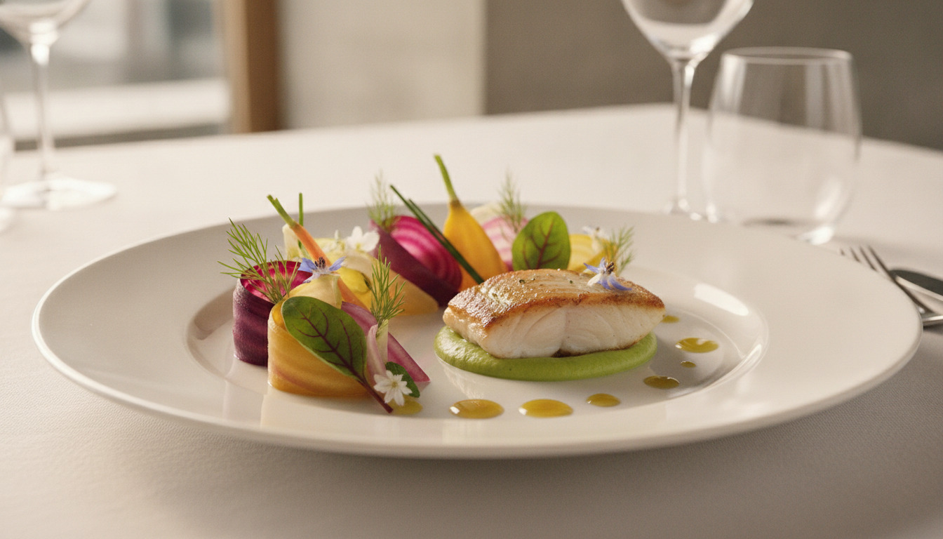 Tæt billede af en elegant serveret ret med fisk, grøntsager og blomsterpryd på hvid tallerken.