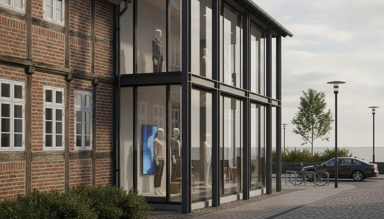 Detalje af gammelt rødbrikstenshus møder moderne glasstor-front — kontrast mellem bevaret kulturarv og moderne bygning.