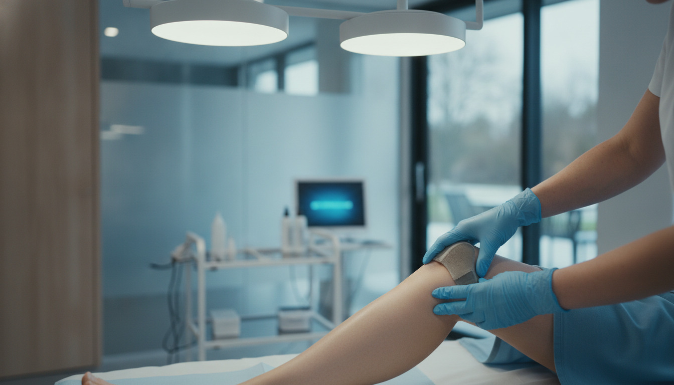 Sygeplejerske med blå handsker undersøger patientens knæ på behandlingsbord i klinisk setting.