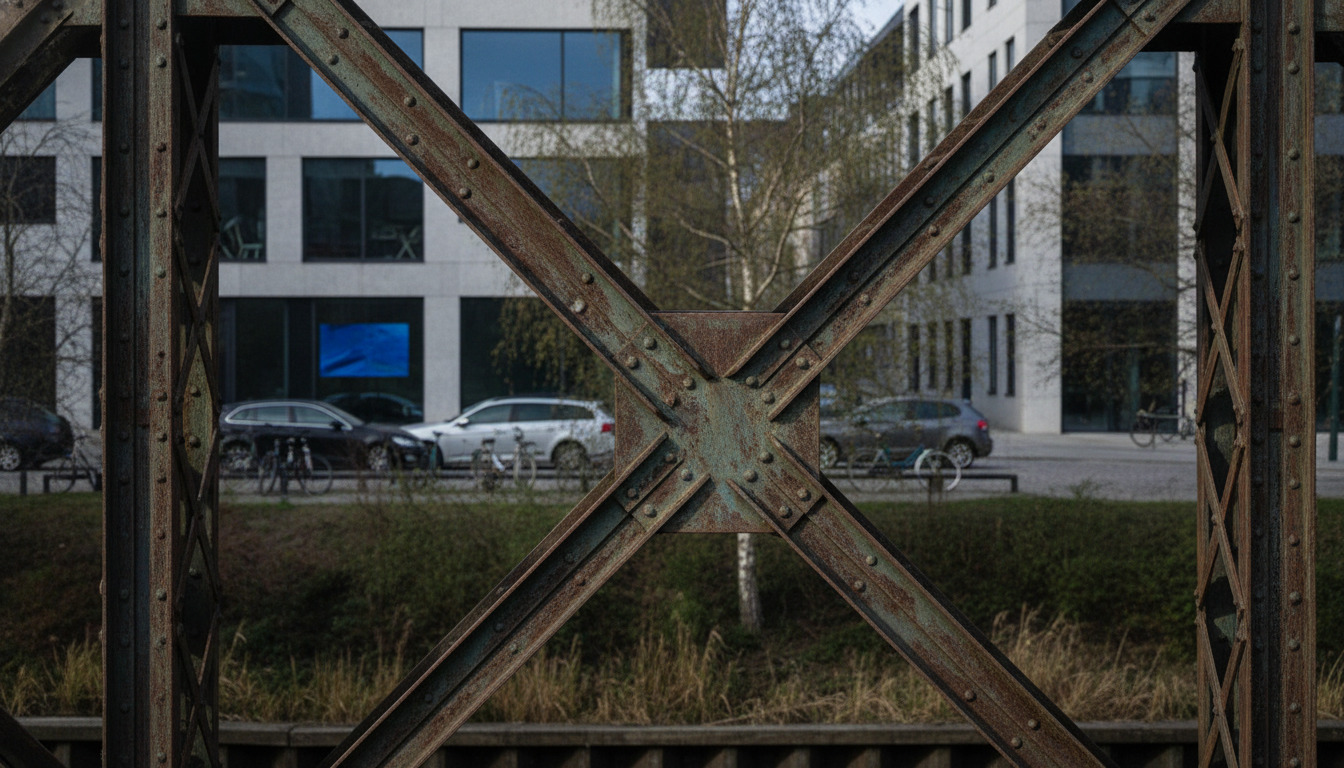 Nærbillede af rustent stålgitterværk med nitløste samlinger på en gammel industriel brokonstruktion.
