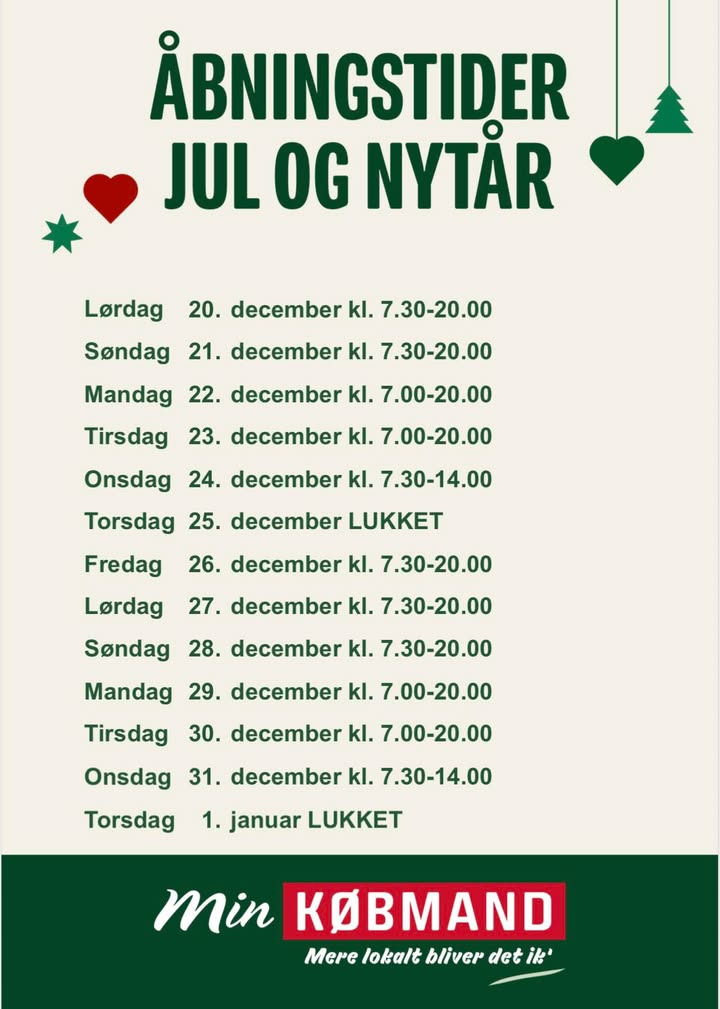 Min Købmand i Asp annoncerer åbningstider for jul og nytår