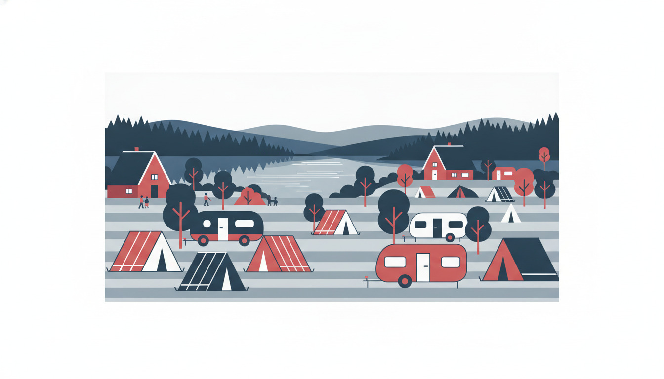 Farvefuld campingplads med telte, caravaner og hytter omgivet af træer, skov og blankende sø i naturlig dansk landskabsindstilling.