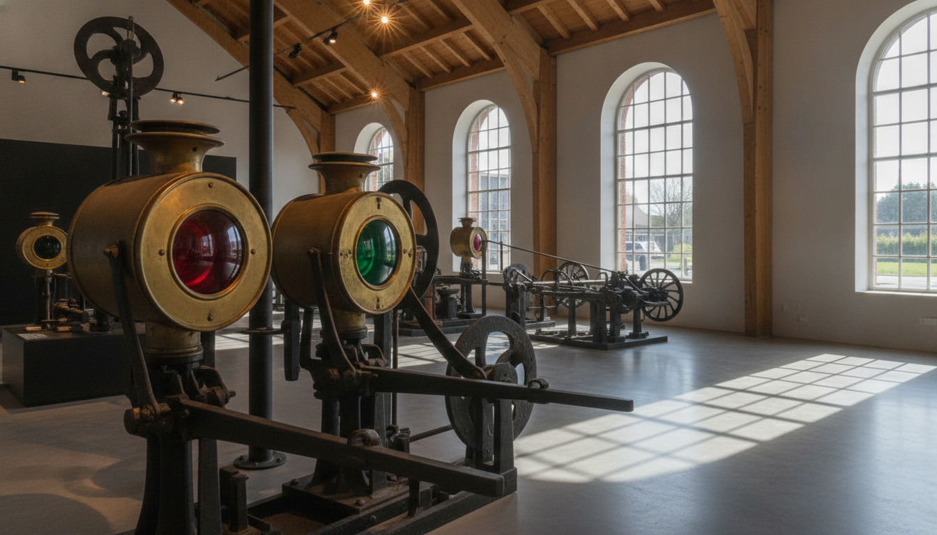 Nærbillede af to vintage jernbanesignallamper med messingrammer og farvet glas i varmt museumslys.