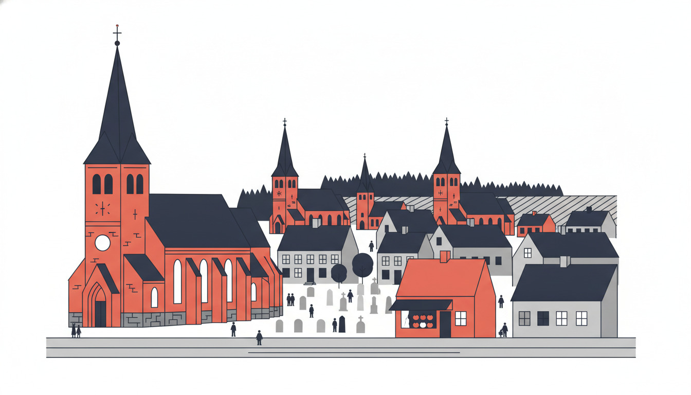 Fladt vektorillustration af historiske nordiske kirker i Frederikshavn: en dominerende rødt mursten kirke med høj mørk spir forankrer venstre forgrund, flankeret af mindre sognkirker med spir, boligbygninger og en kirkegård med gravsten under en bleg himmel.