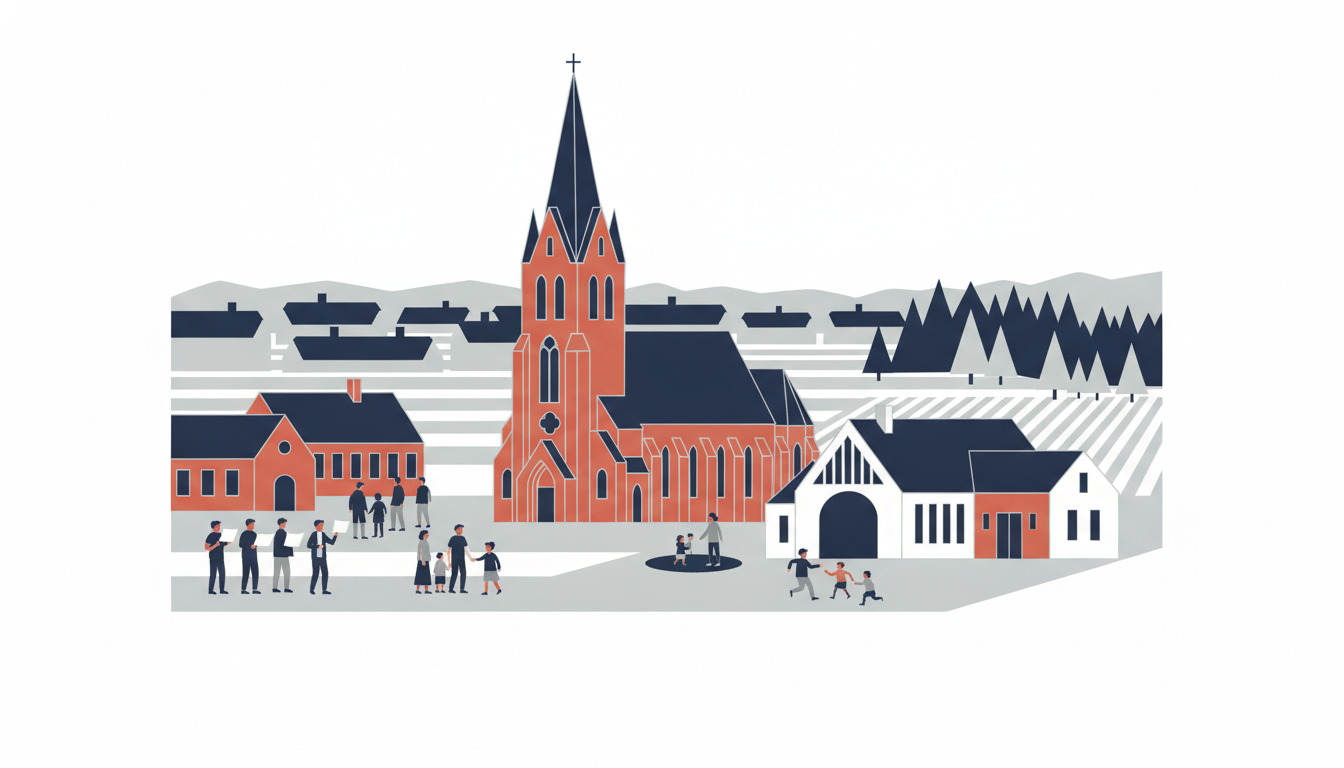 Flad vektorillustration af Bordings bycenter: en rødsten neogotisk kirke med høj spir dominerer torvet, flankeret af kulturelle bygninger herunder et bydelshus og hvidt kapel. Folk samles i forgrunden og nyder kulturelle aktiviteter.