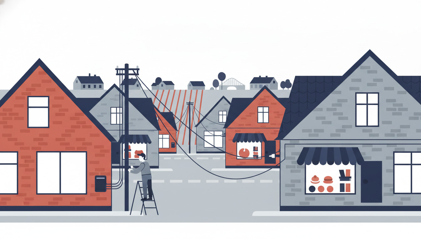 En dansk bygate med røde og gråe boligbyggeri, utility pole med fiber-kabler, og en tekniker i forgrunden arbejdende med forbindelser, symbolisering bredbånds-infrastruktur.