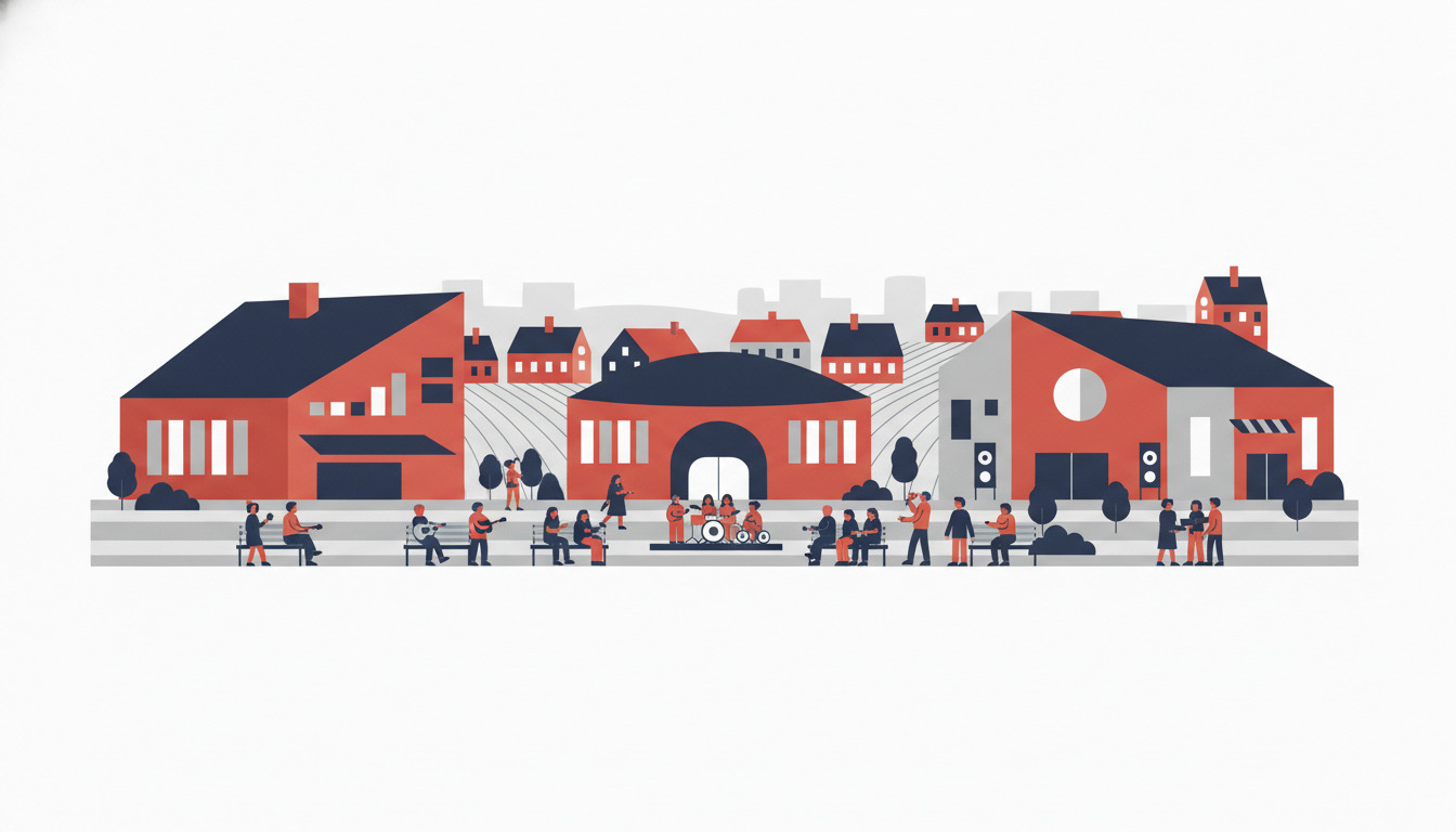 Levende fladvektor-illustration af Jyderups kulturelle knudepunkt: røde mursten offentlige bygninger med karakteristiske buede indgange, mangfoldige optraunings- og samlingssteder, livlige folkemængder af byfolk, der nyder musik, teater og samfundsaktiviteter i et intimt byliv.