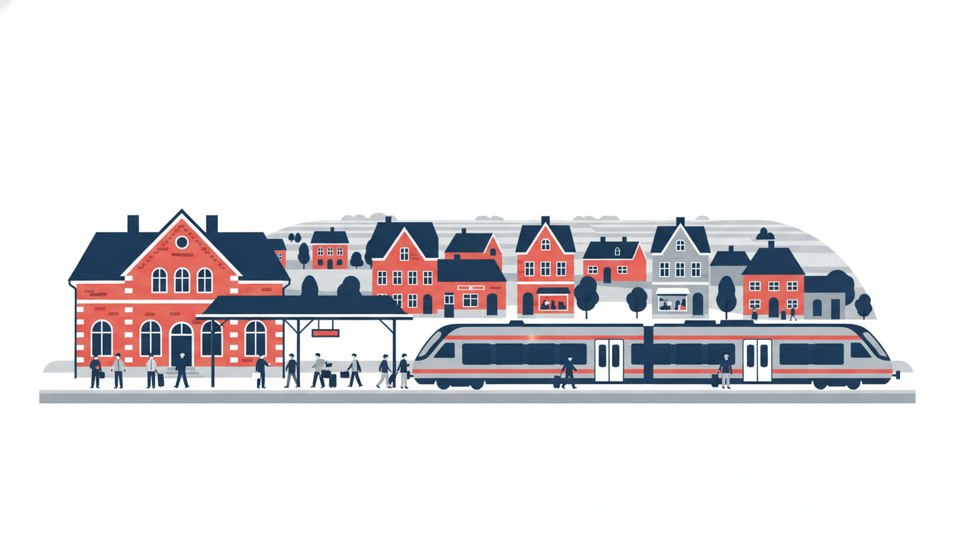 Lemvig stationscene: rødt mursten stationsbygning med modernistisk gavl, moderne regionaltog ved perronen med passagerer og bagage, kompakt bylandskab i baggrunden med beboelsesbygninger, træer og fladt jysk landskab.