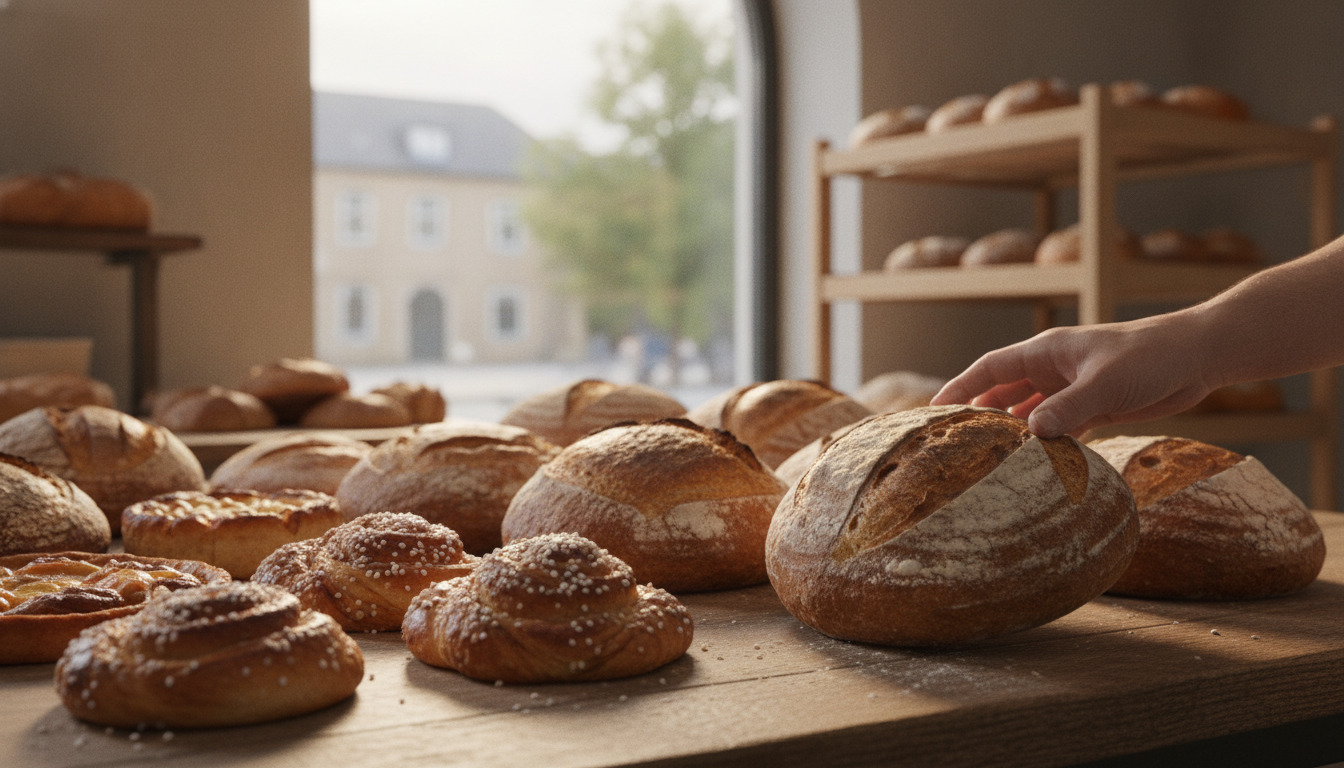 Nærfoto af friskbagt artisanbrød og kager på træbord med bagervand fra hånd, morgenlys, teksturer af skorpe og mel.