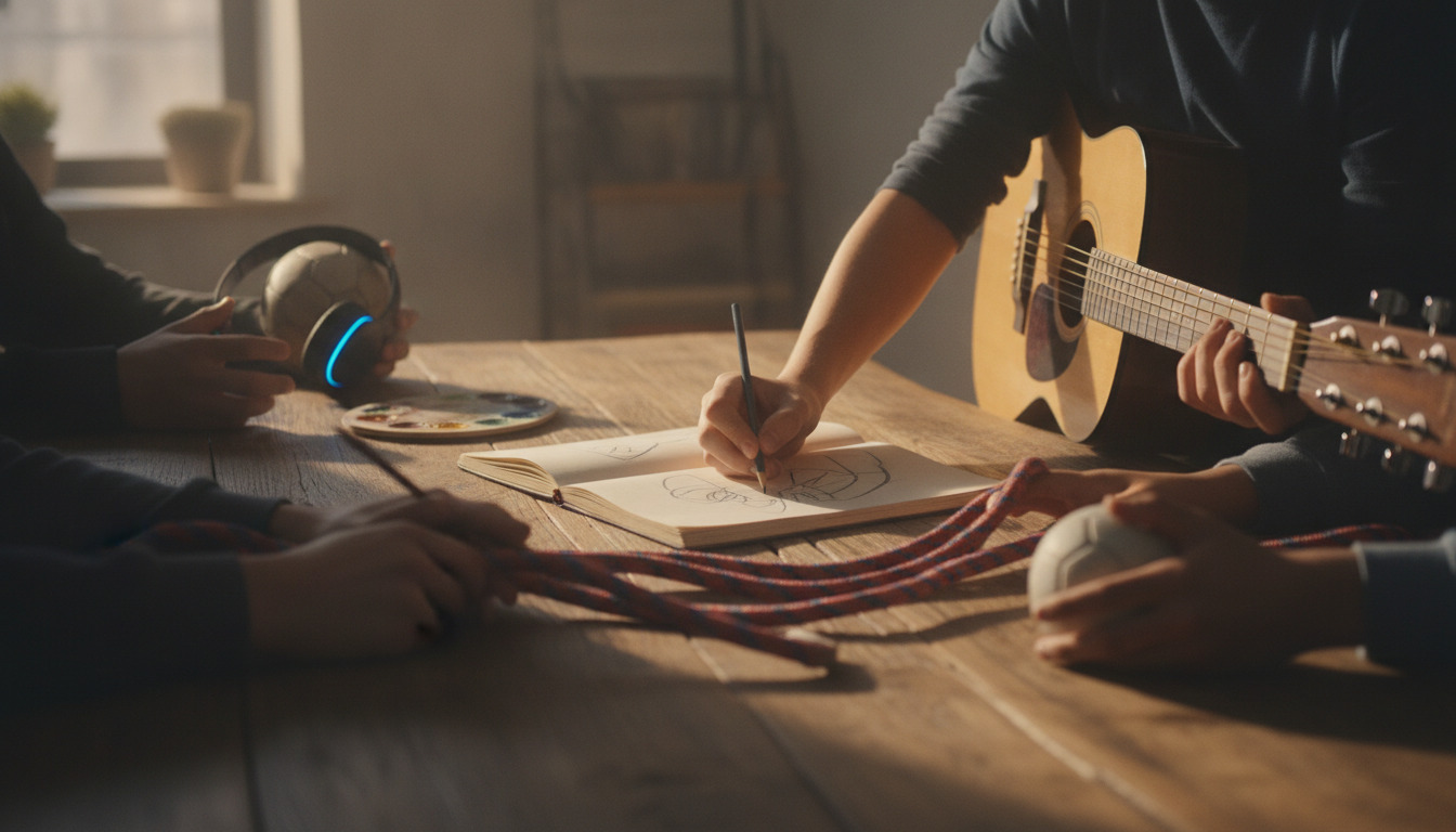 Nærbillede af hænder ved træbord med guitar, notesbog, pencil, hovedtelefoner og kabel i varmt dagslys.