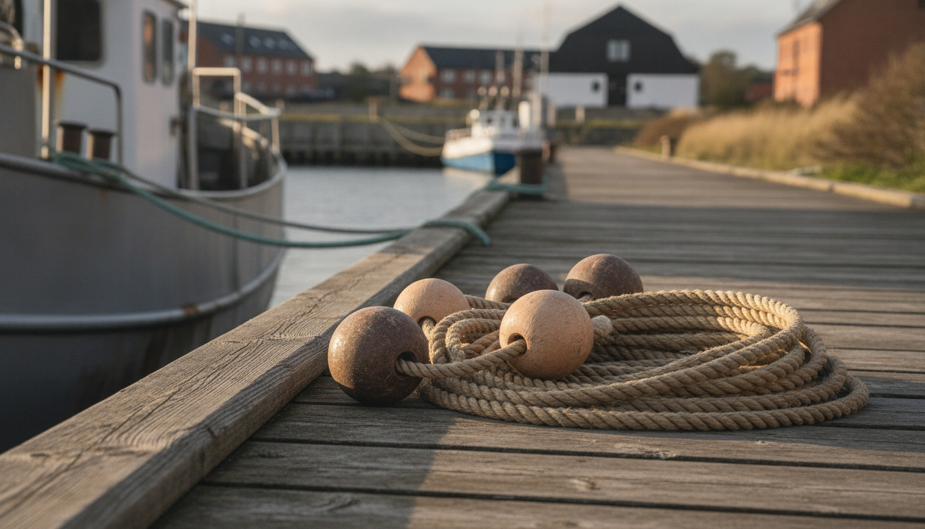Træbøjer og tauet på en træponton i gylden aftenlys — nærbilde af fiskerhavnudstyr.