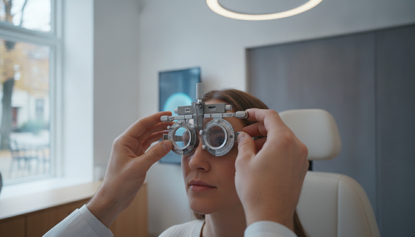 Hænder justerer en moderne prøveramme under øjentest i en optiker-klinik med naturligt lys.