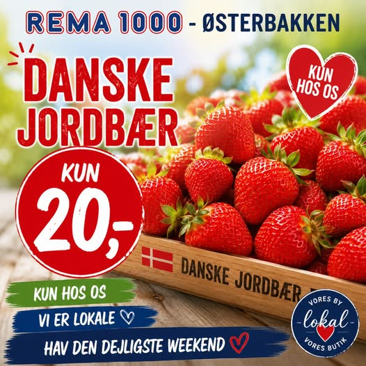 Rema 1000 Rosenkrantzgade tilbyder danske jordbær til 20 kr.