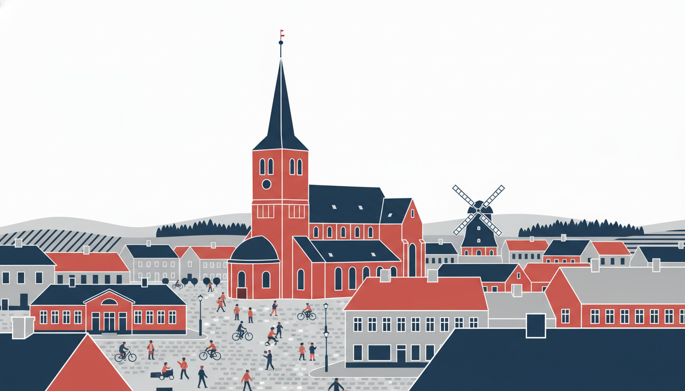 Illustration af Ringsted på Midtsjælland: Sct. Bendts Kirke som romansk korskirke i røde mursten med kvadratisk tårn og spir, torvet med byliv og vindmøllen bag tagene.