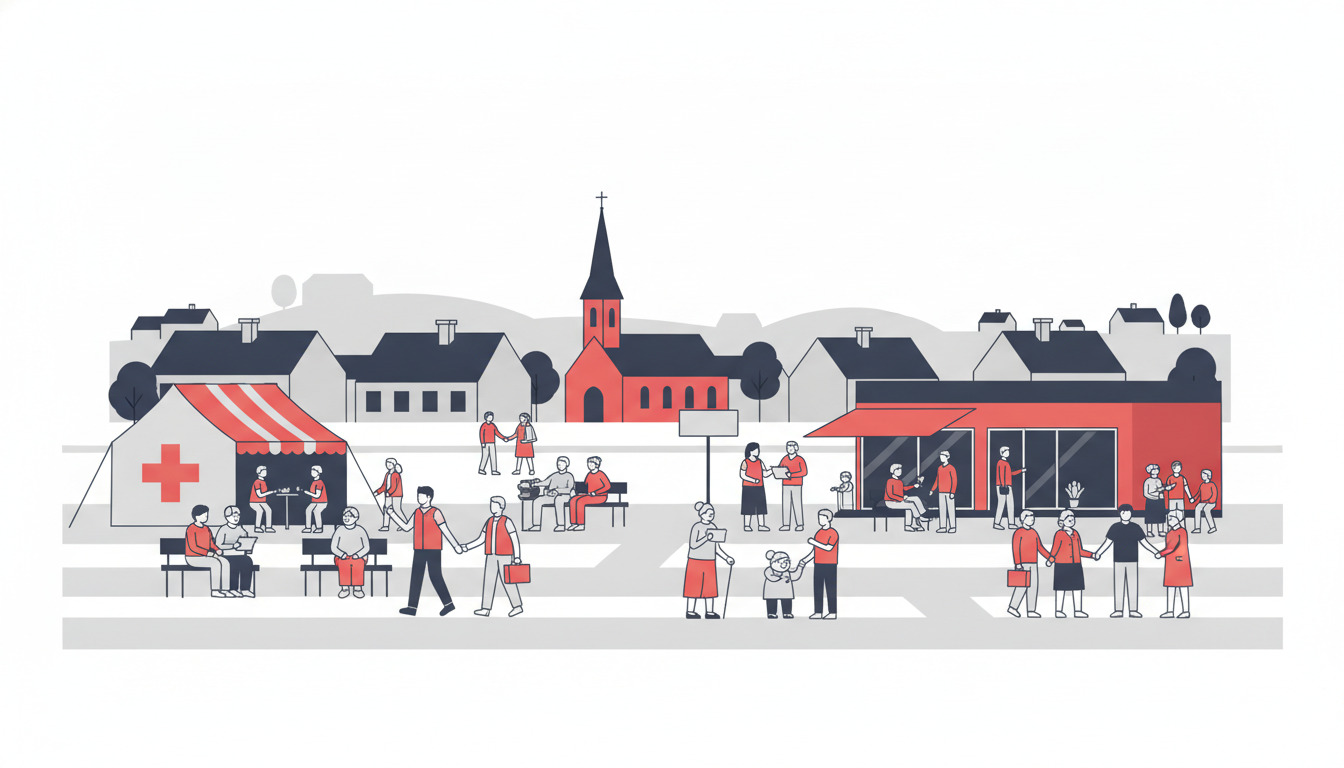 En dansk landsbykommunitet med røde Kors-station, rødt plejehjemsbygning, kirke med spir, og mennesker der deltager i sociale aktiviteter og omsorg i Rask Mølle.