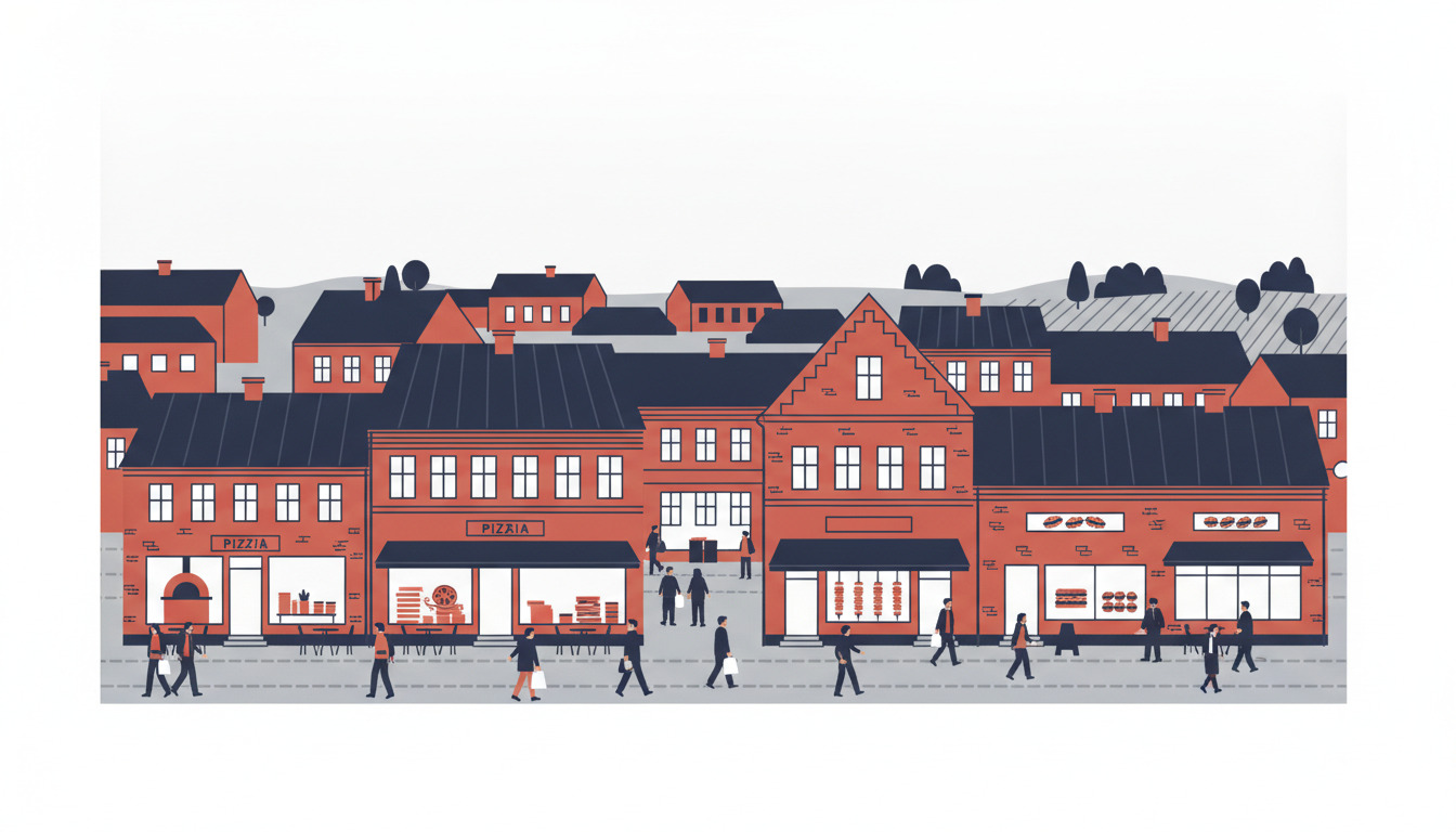 Farverig flad-vektor bybplads i Dianalund med røde mursten-restauranter og pizzeriaer, synlige pizzaovne og fødevarestands, udendørs siddepladser og fodgængere der spiser og går rundt.