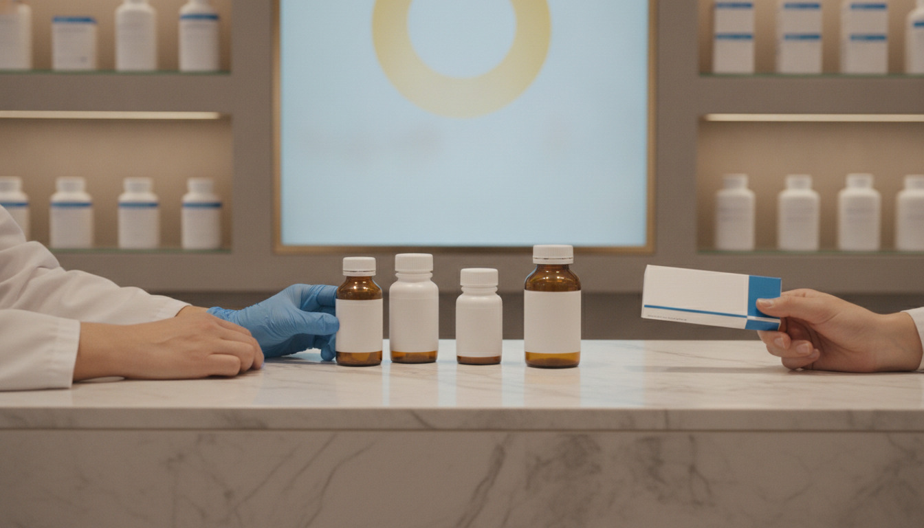 Apotek-arbejder i blå handsker håndterer medicinflaske og pakning ved skranke.