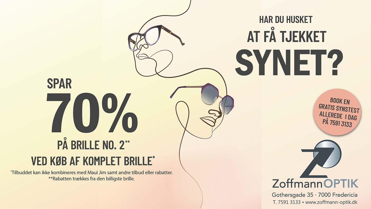Zoffmann Optik tilbyder 70% rabat på brille nr. 2 ved køb af komplet brille