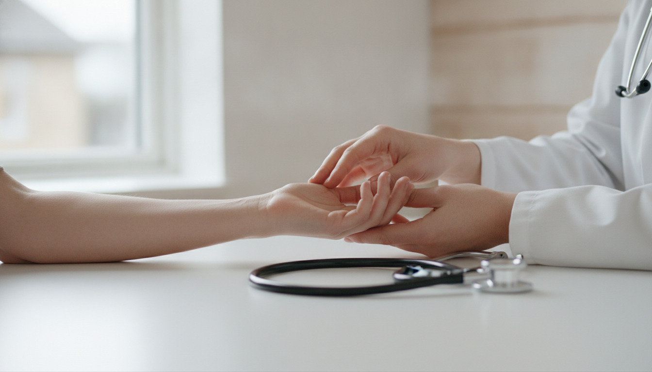 Læges hænder holder patientens håndled under pulskontrol. Stetoskop ligger på hvidt bord i dagslys.