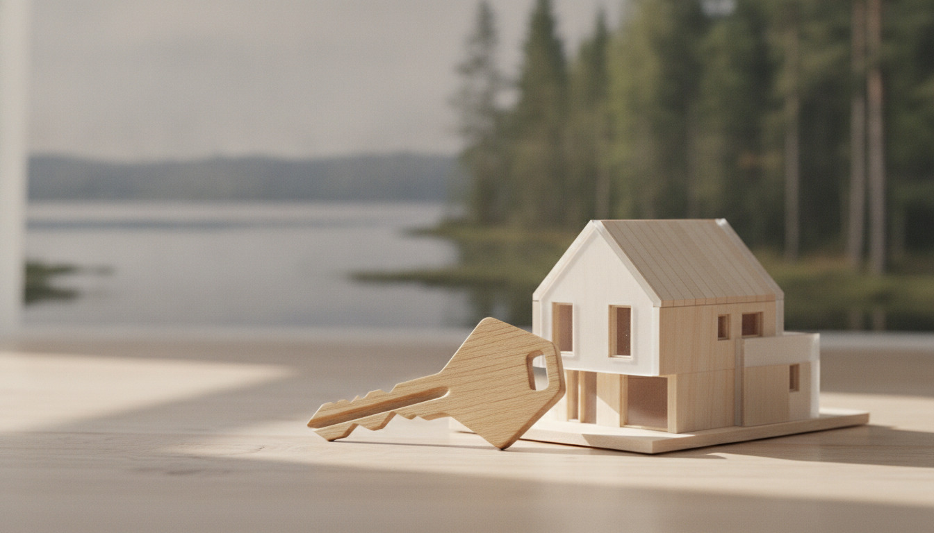 Træhus-nøgle og arkitekturmodel på lyseholdt underlag med naturlys — symbol for nyt hjem.