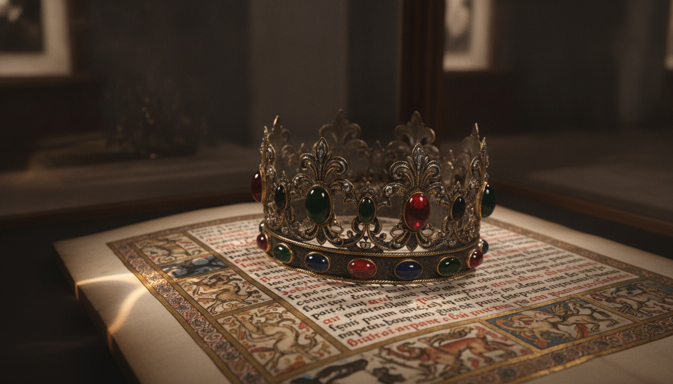 Ornate guldkrone med ædelsten på historisk manuskriptside under museumslys.
