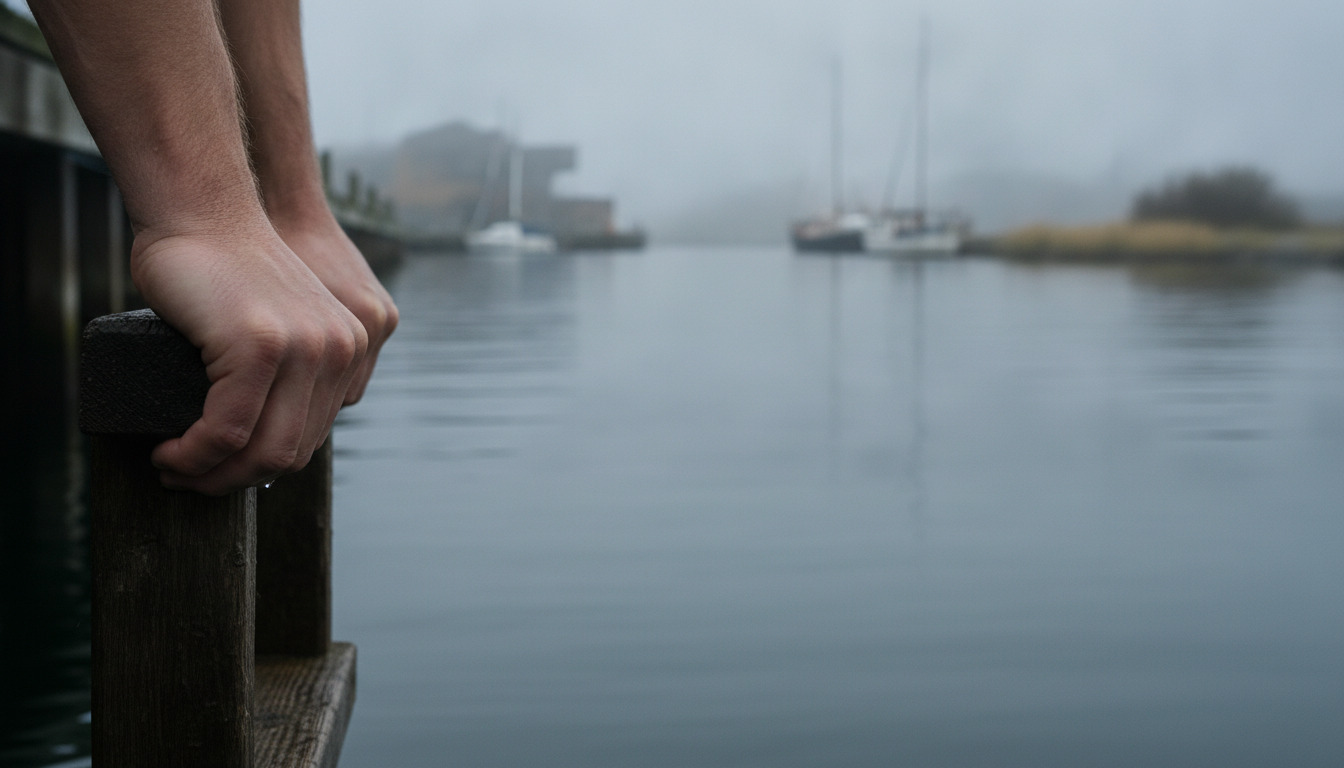 Hånd på træpæl ved kalkant med stille vand og duskgrå lys — taktil badeøjeblik.
