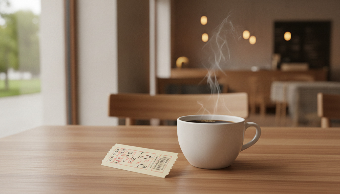 Hvid kaffekop med dampen og vintage biografbillet på træbord i varmt lys.
