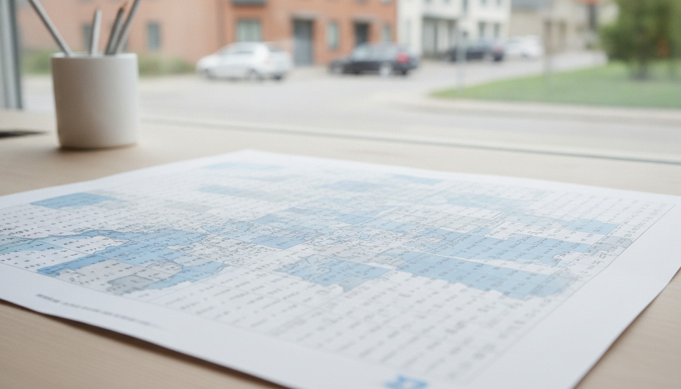Nærbillede af et postnummerort eller administrativt dokument med blå zoneopdeling på hvidt papir, på et skrivebord med en blyantholder.
