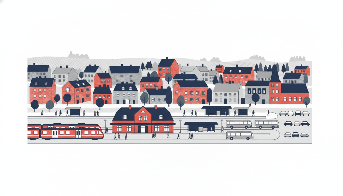 Flad vektorillustration af Bjerringbro Station som et centralt transportknudepunkt med rødtakket stationsbygning, tog, busser, biler og fodgængere, der bevæger sig mellem jernbane- og vejtrafikformen.