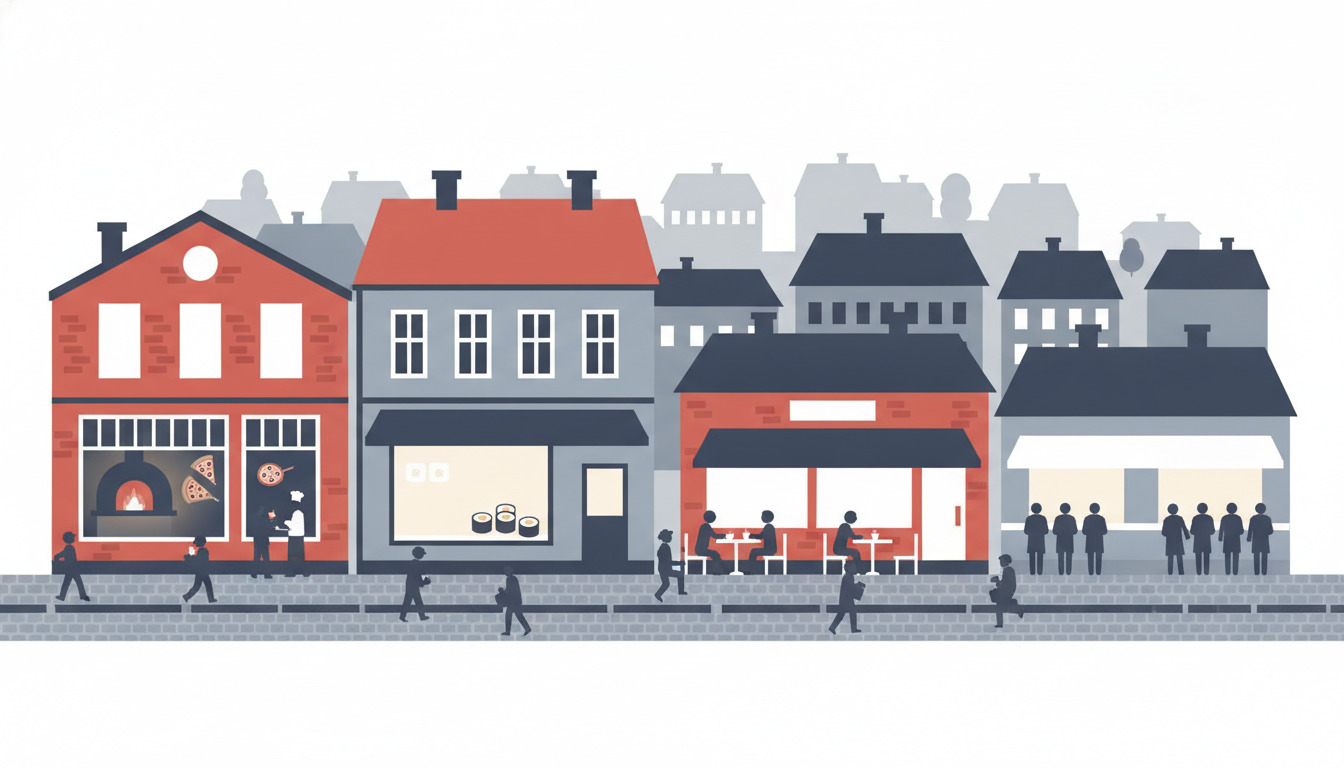 Livlig gatescene i Børkop med varieret spisetilbud: rød pizzeria med synlig vedovn, grå asiatisk restaurant, rødt udendørs café og takeaway-disk med gæster og danske tagkonstruktioner i baggrunden.