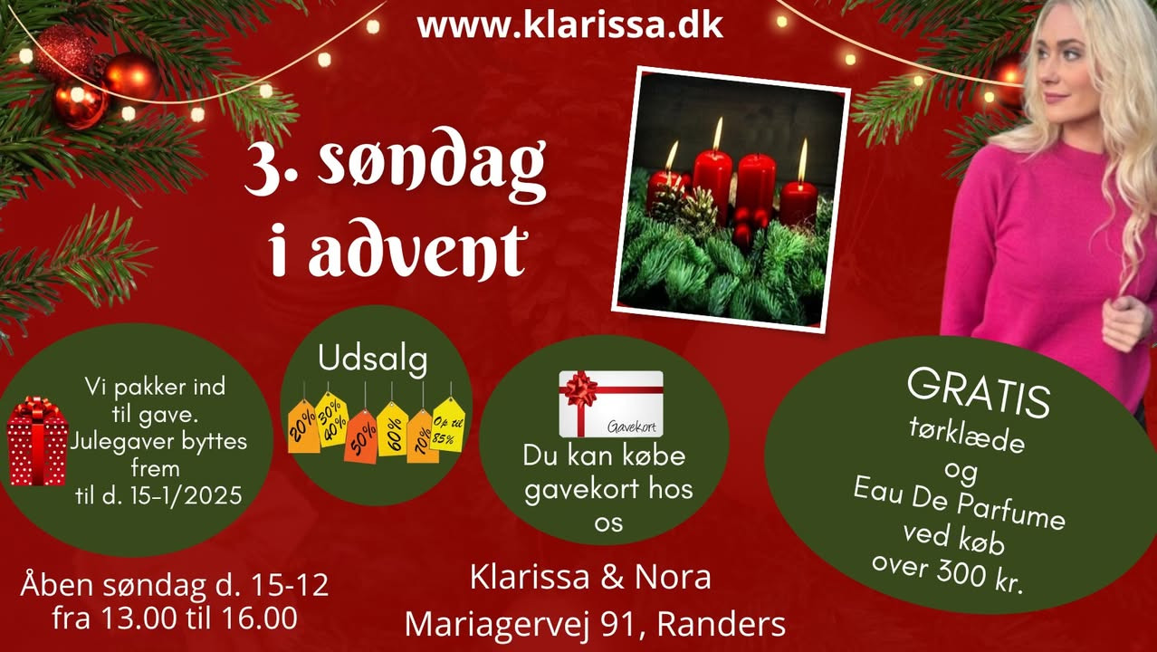 Januarudsalget er startet hos Klarissa & Nora: Gratis gaver ved køb over 300 kr., og søndagsåbent på tredje søndag i advent