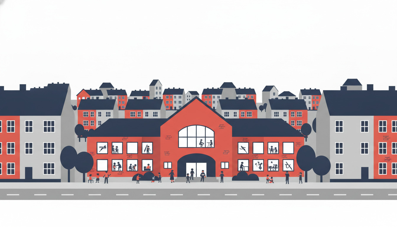 En farverig tegnet skole med rødt og hvidt murværk, stort vindue og klasserlokaler, omgivet af danske boligbygninger og børn på skolepladsen i Albertslund.