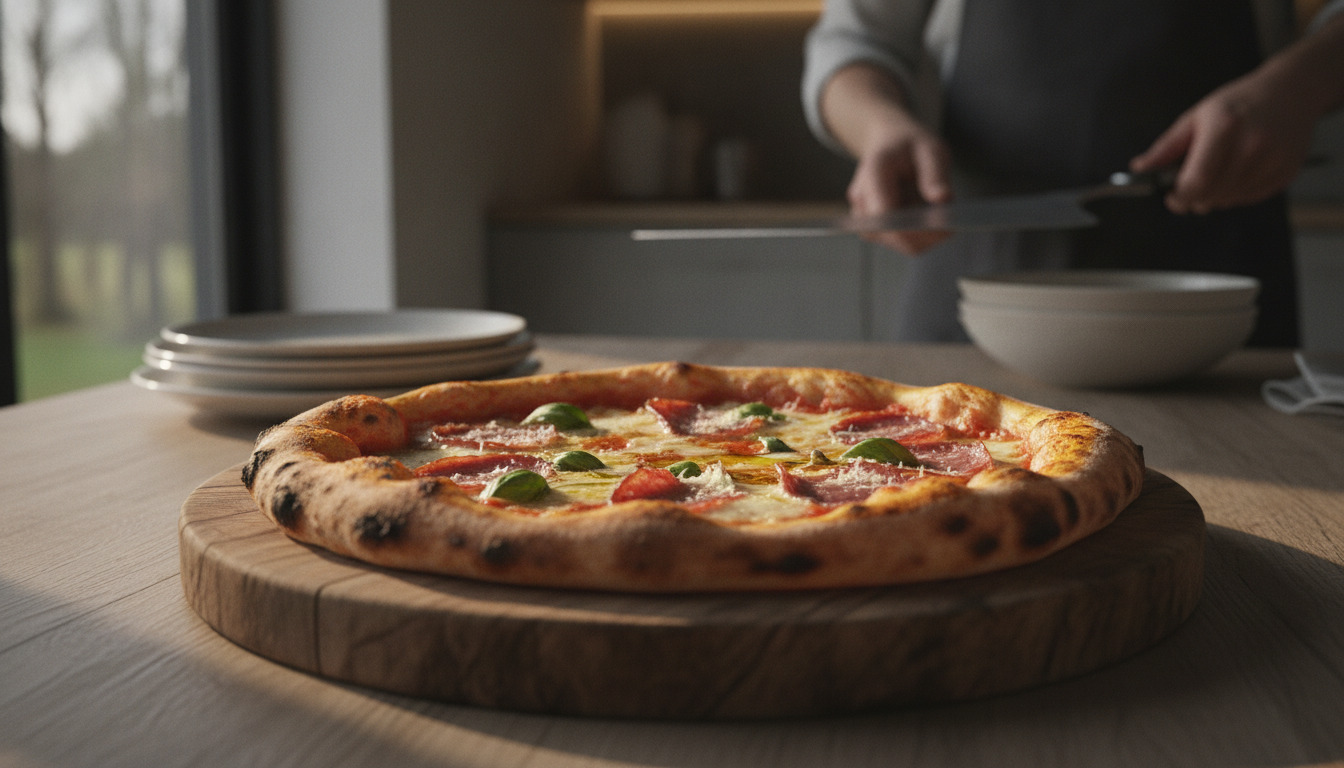 Friskbagt pizza på træplade med smolt ost, charret skorpe og friske toppings i varm naturlys.