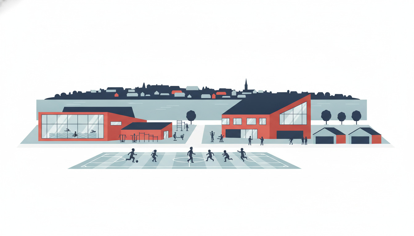 Flad vektorillustration af sportscene i Sønderborg: børn spiller fodbold på en bane i forgrunden, moderne rødt-taget sporthalle med store vinduer, der viser svømmere, fitnessudstyrsområde, klubhuse, træer og byhorisont med kirketårn i baggrunden.