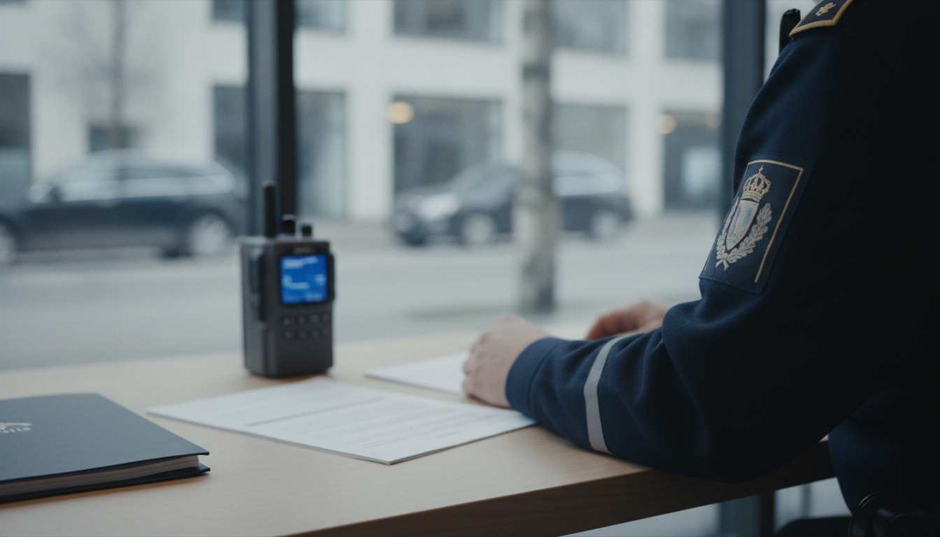 Nærbillede af hånd ved skrivebord med officielle dokumenter og radioenhed i nordisk dagslys.