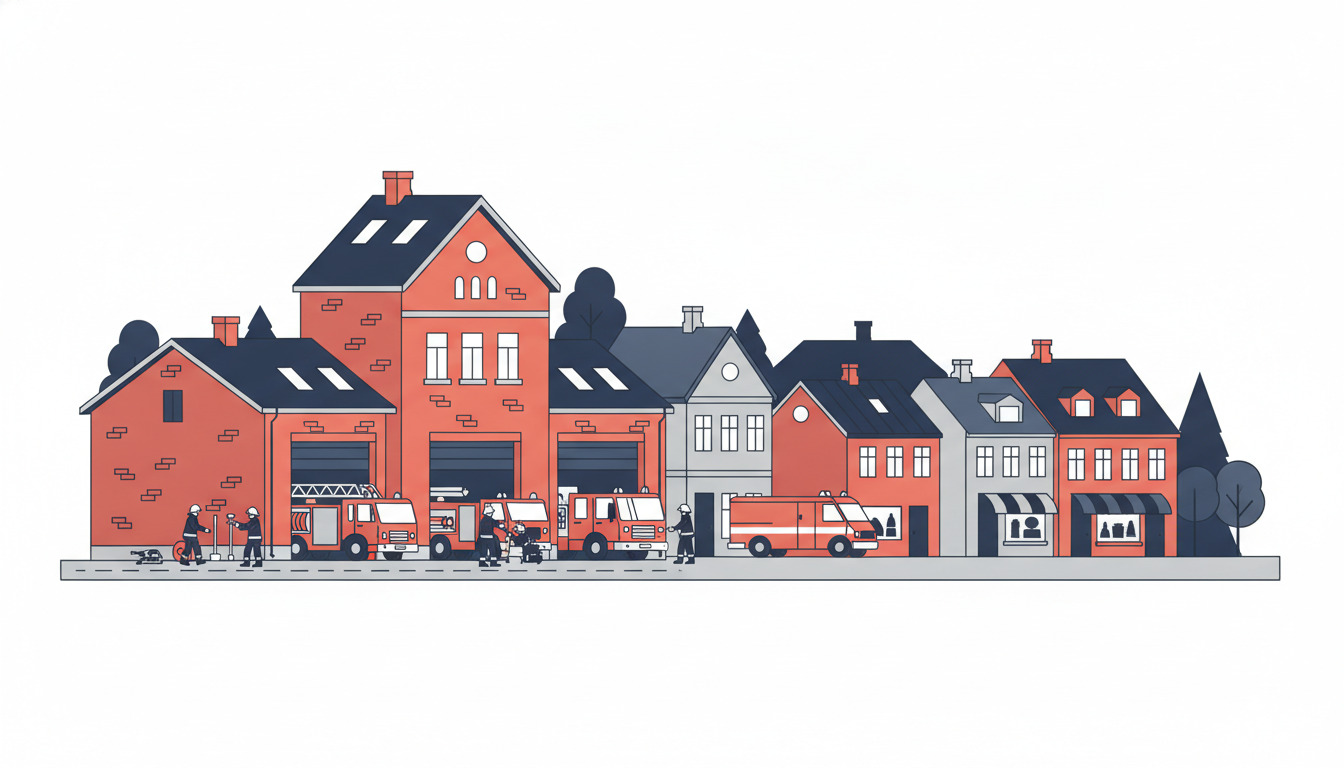 Farverig fladvektor-illustration af en dansk brandstation med røde murstenshuse, mørke tage, flere brandbiler og brandmænd i udstyr, der forbereder udstyr uden for stationen.