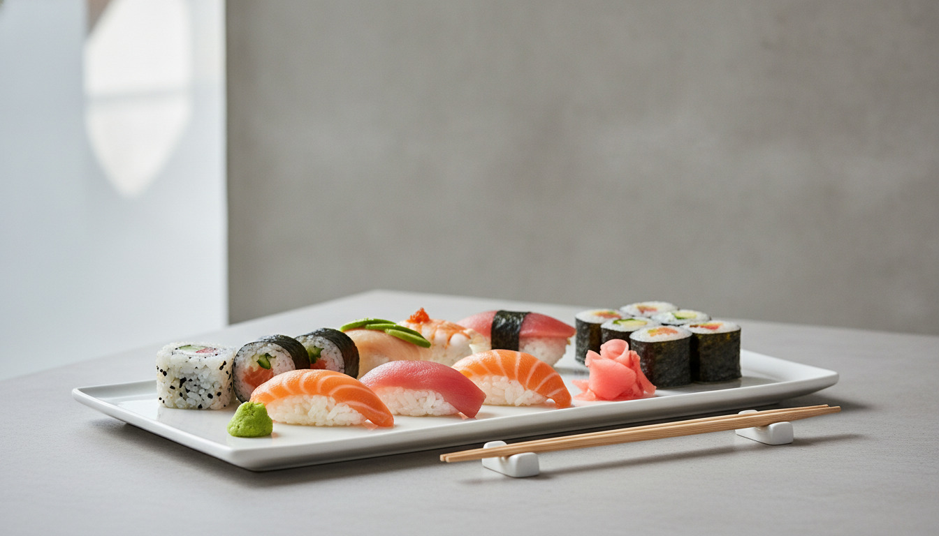 Sushi-stykker med fisk, ris og nori på hvid plade med spisepinde.