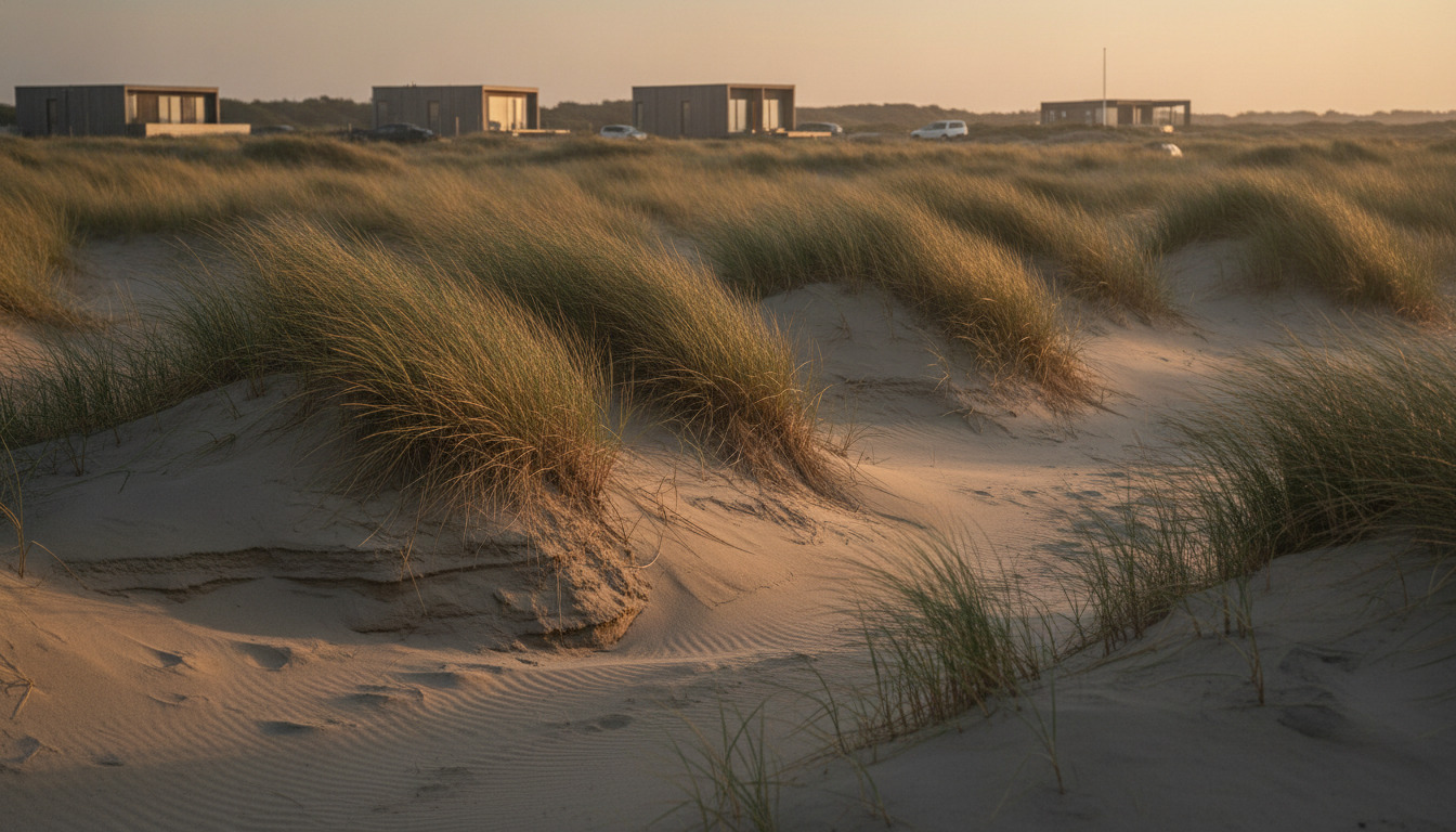 Nærbillede af sandede kystklitter med marehalm og guld aftenlys på en nordisk strand.