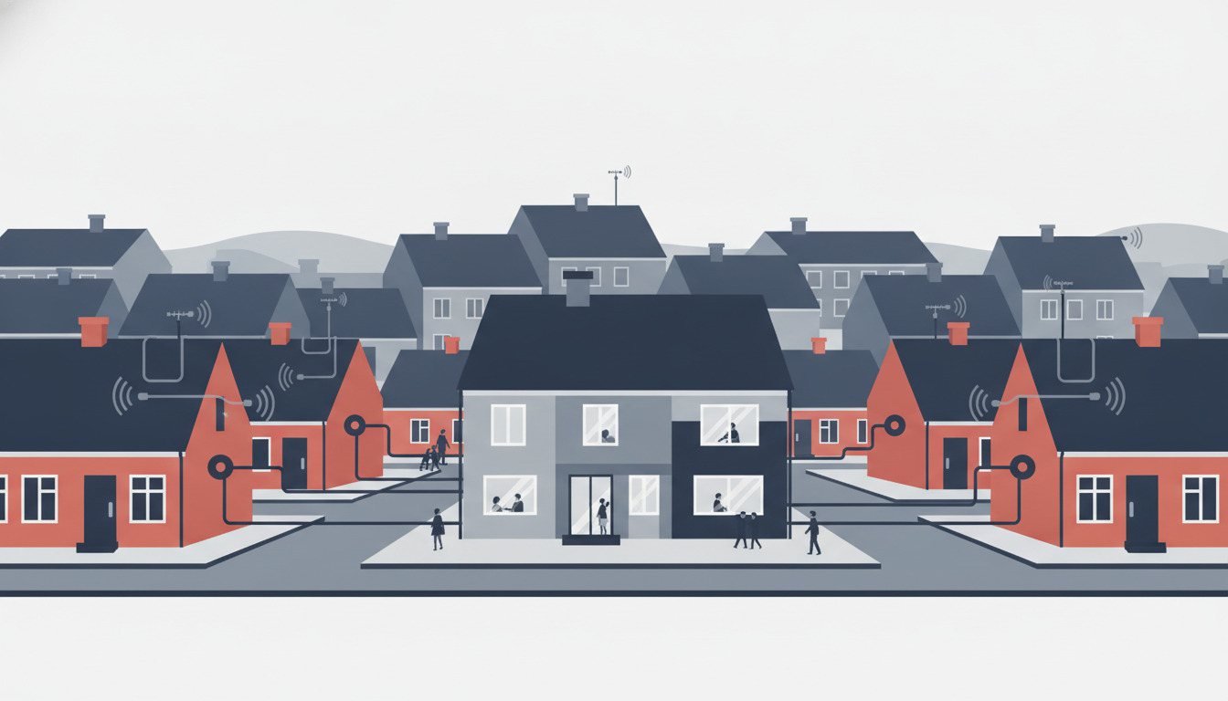 Et moderne skandinavisk boligkvarter i Kalundborg med røde og grå huse forbundet med fiberoptiske kabler og digitale infrastruktursymboler som antenner og 5G-signaler.